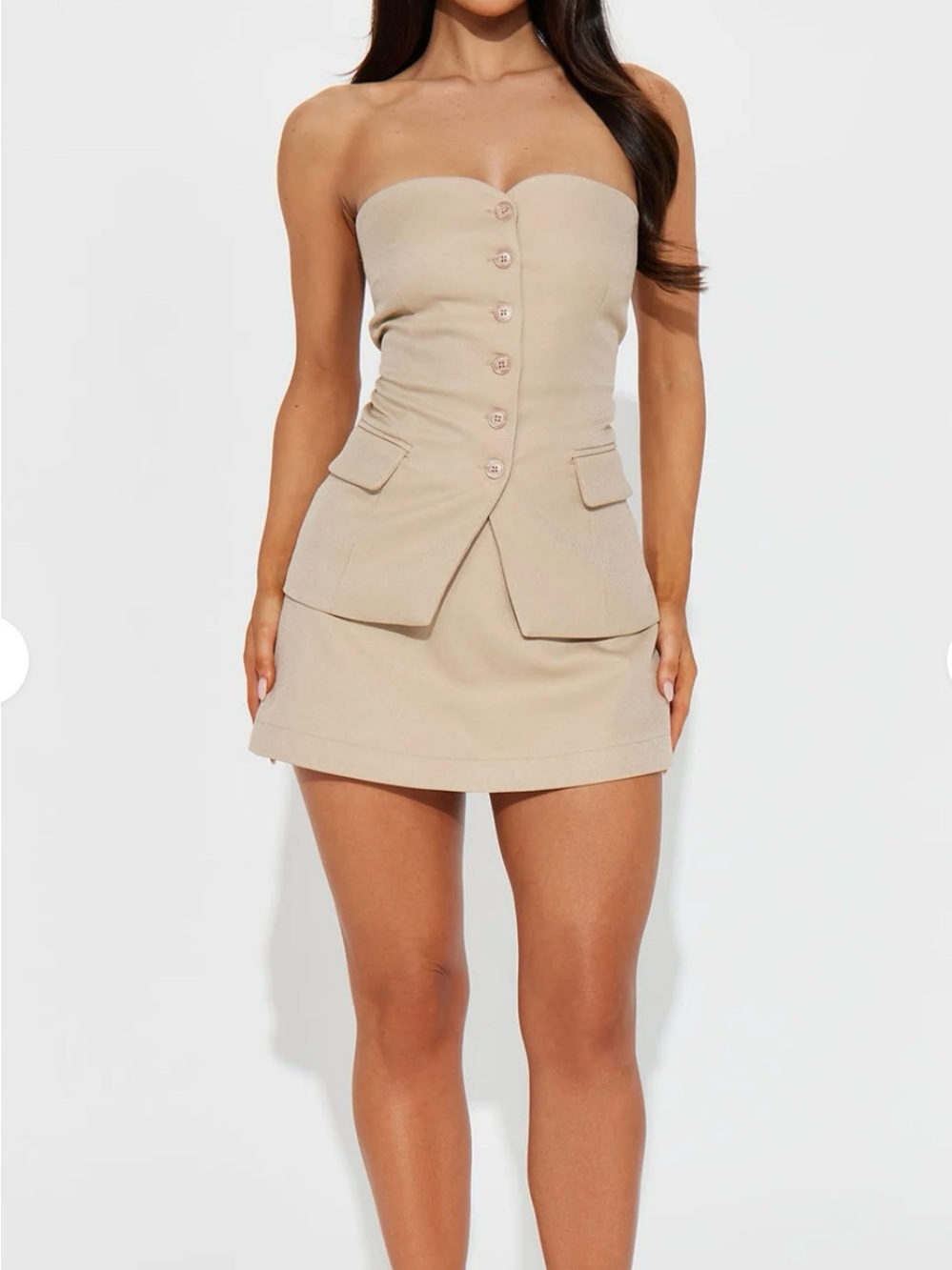 Strapless Beige Skort with Button-Front Detail